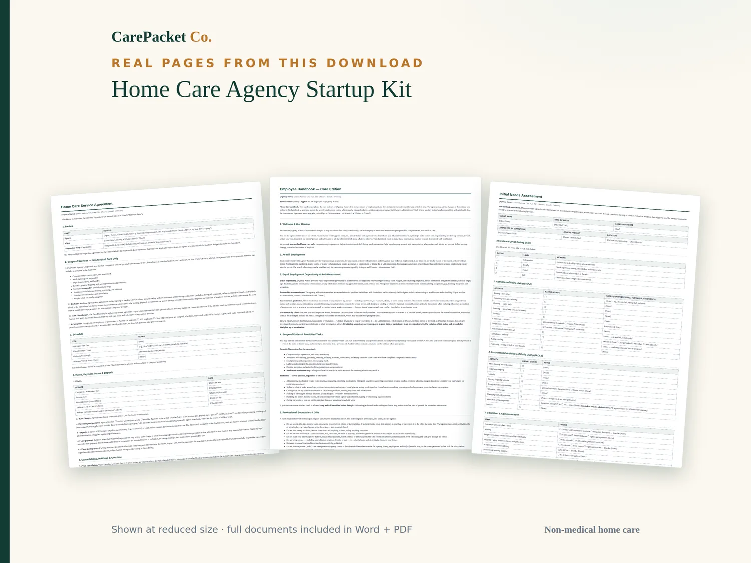 Fanned preview of real document pages from the Home Care Agency Startup Kit